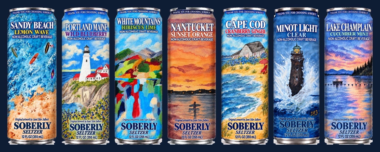 All seven Soberly cans: Sandy Beach, Portland Maine, White Mountains, Nantucket, Cape Cod, Minot Light and Lake Champlain